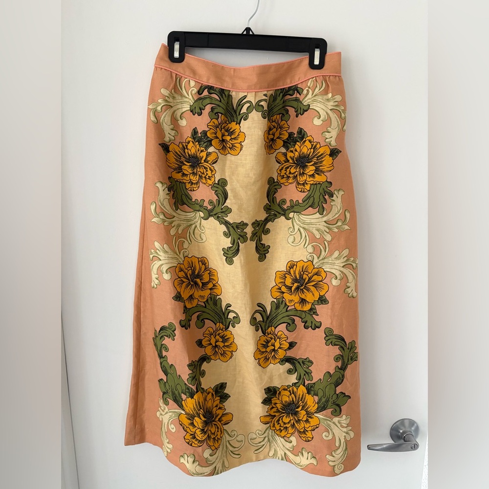 FARM Rio Peach and Yellow Floral A-Line Skirt